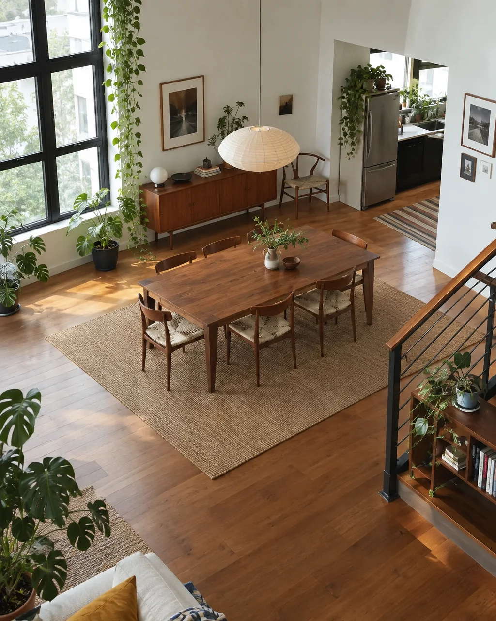 An elevated view of a bright open-plan dining space featuring a wooden table, woven chairs, and lush houseplants on hardwood floors.