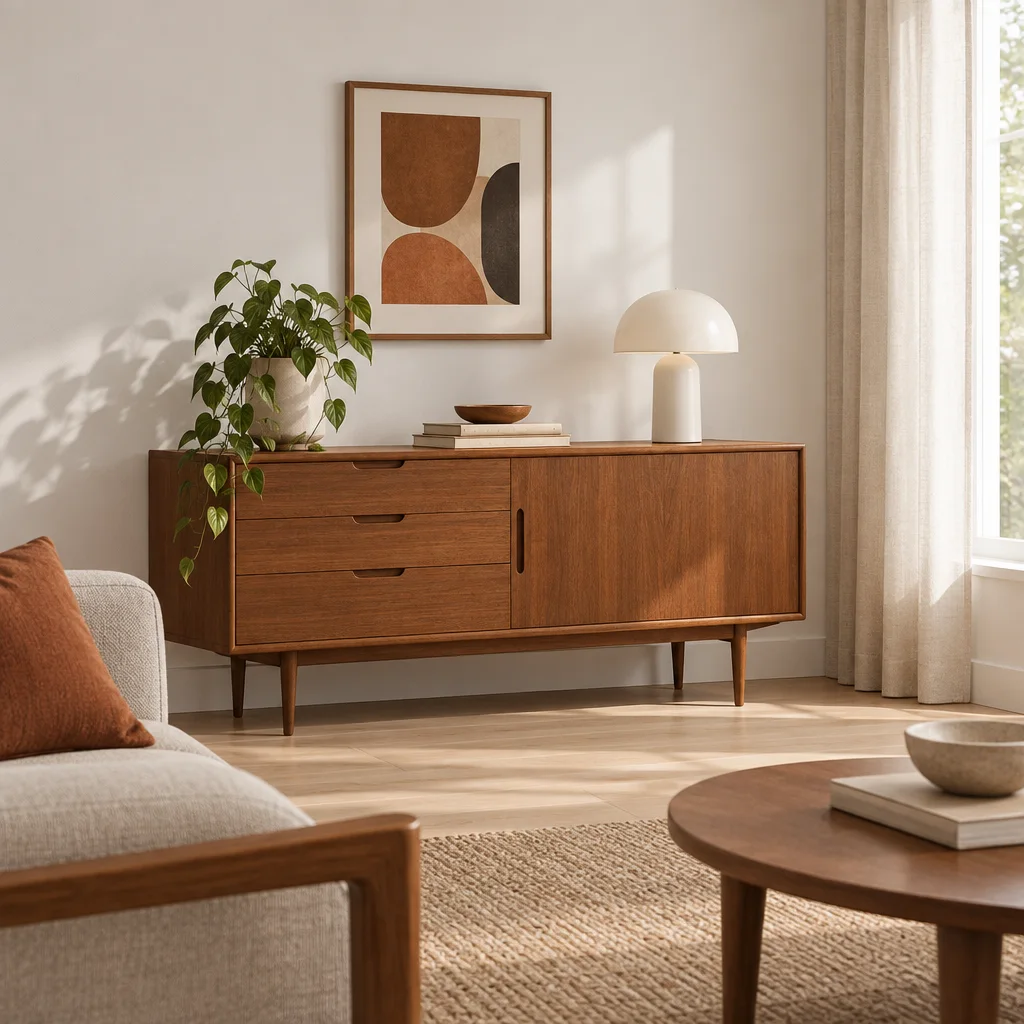 A mid-century wooden sideboard styled with a potted plant, table lamp, and framed abstract art in a sunlit living room.