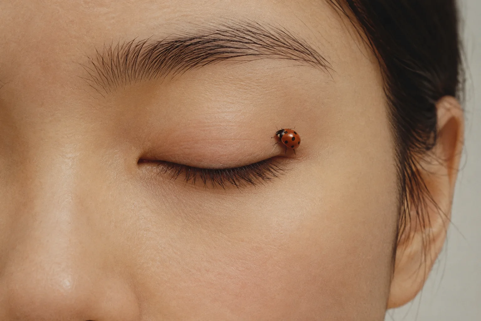 A close-up of a person's closed eye with a tiny red ladybug resting delicately near the corner of the eyelid.