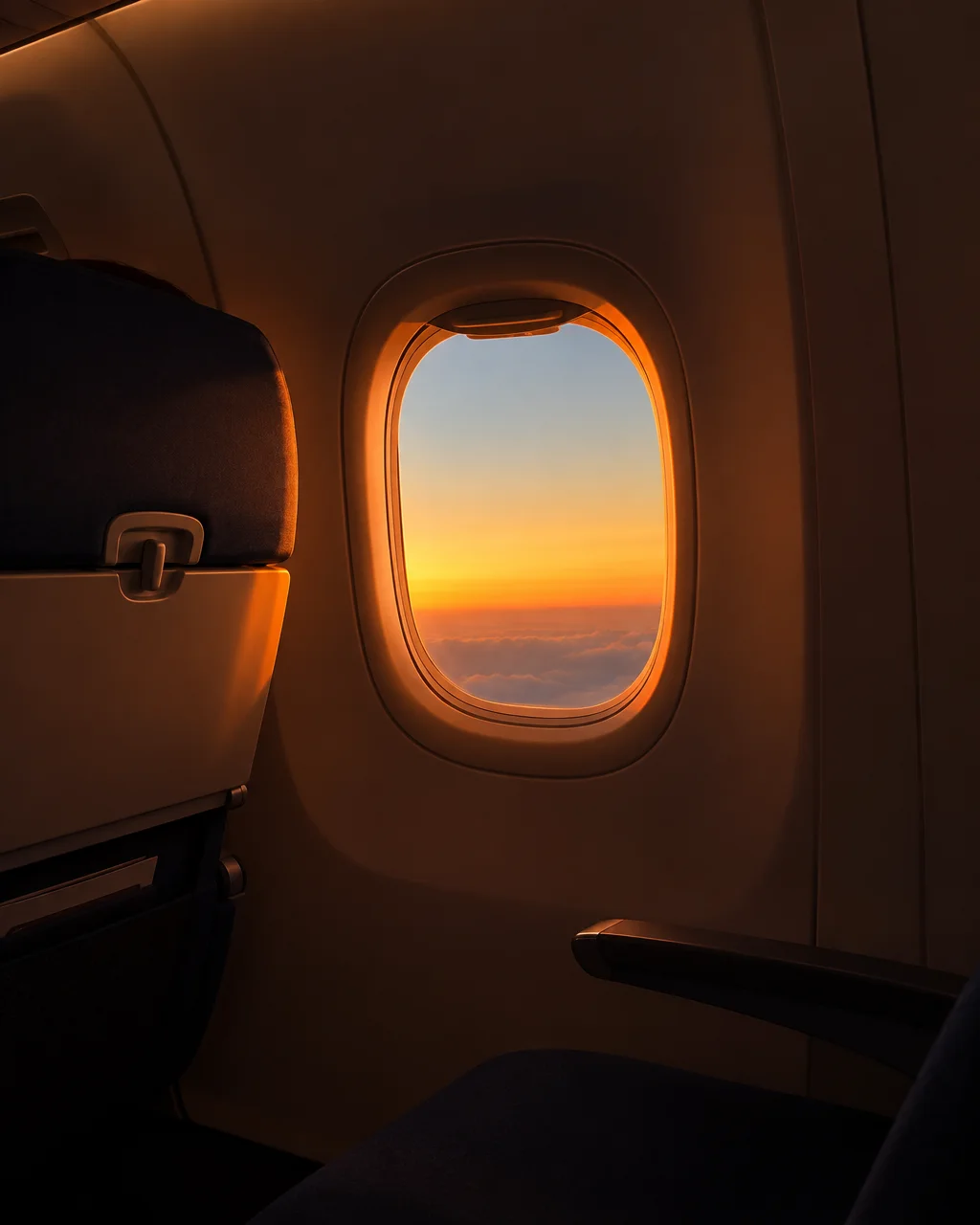 An airplane window frames a vibrant golden sunset above a layer of clouds, casting warm light across the dark cabin interior.