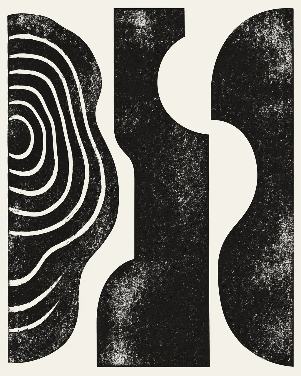 A black and cream abstract print composition featuring textured organic silhouettes, concentric curves, and balanced negative space.