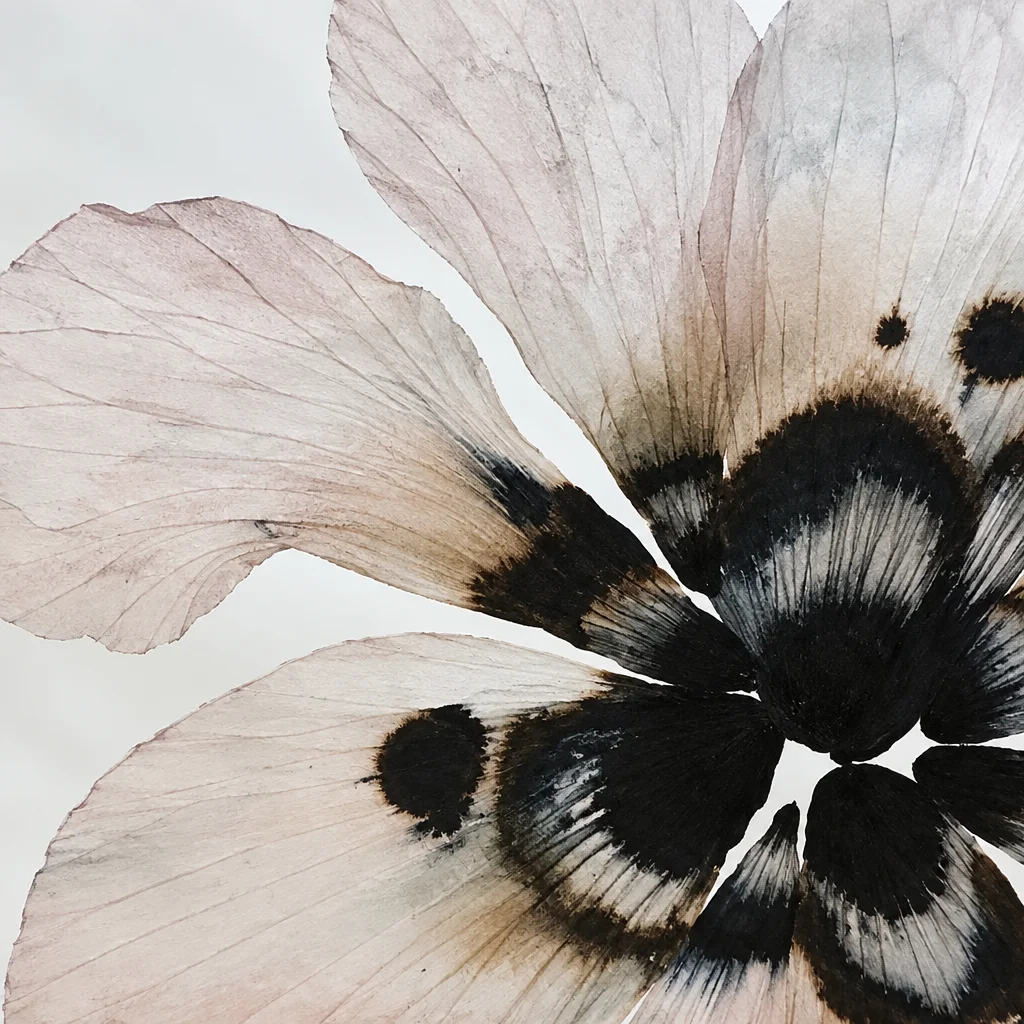 Delicate, translucent petals with dark ink stains and fine veining spread across a pale white surface.