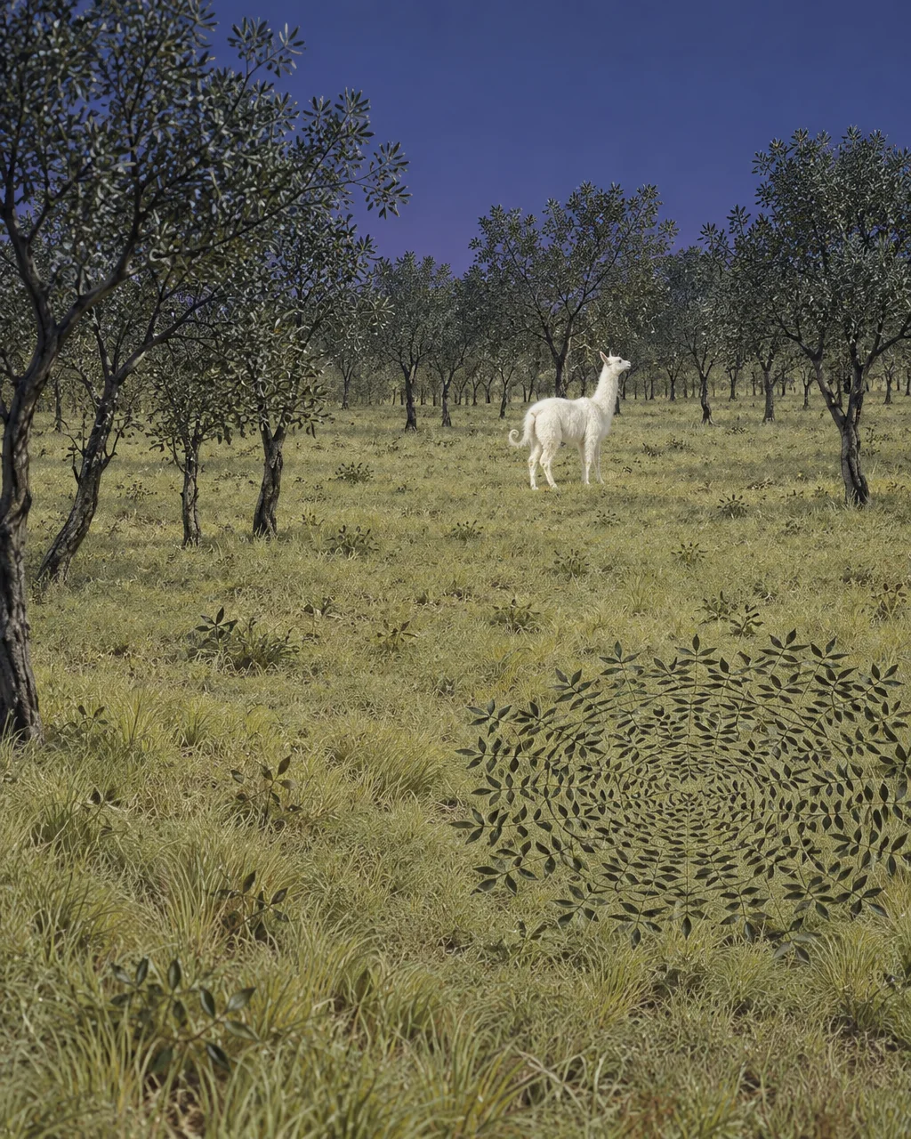 A lone white llama stands in a surreal grassy orchard under a deep blue sky, beside an intricate leaf pattern.