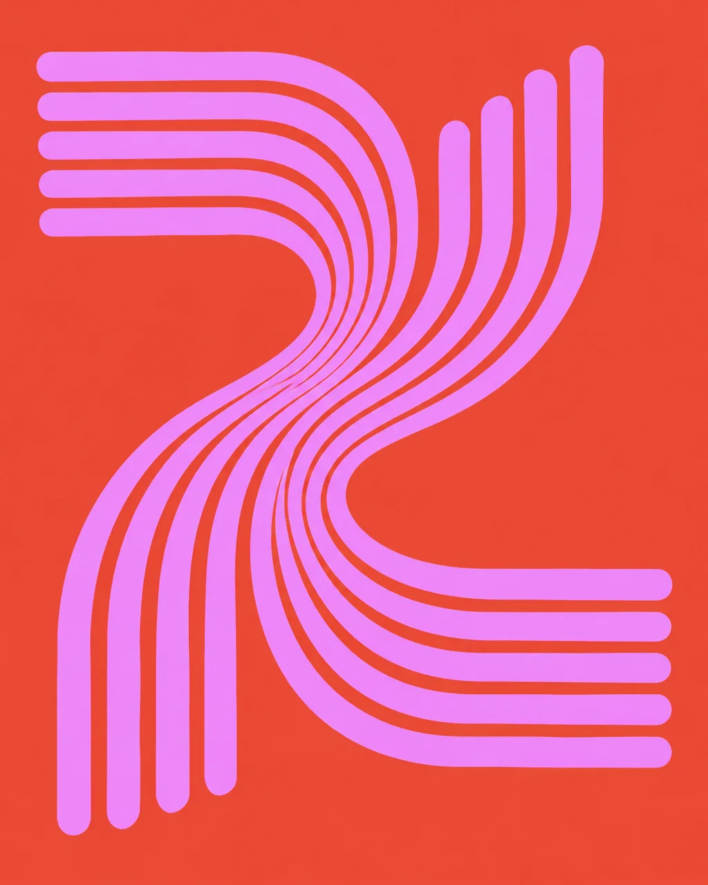 Pink parallel lines twist and curve into a symmetrical flowing pattern against a saturated red backdrop.