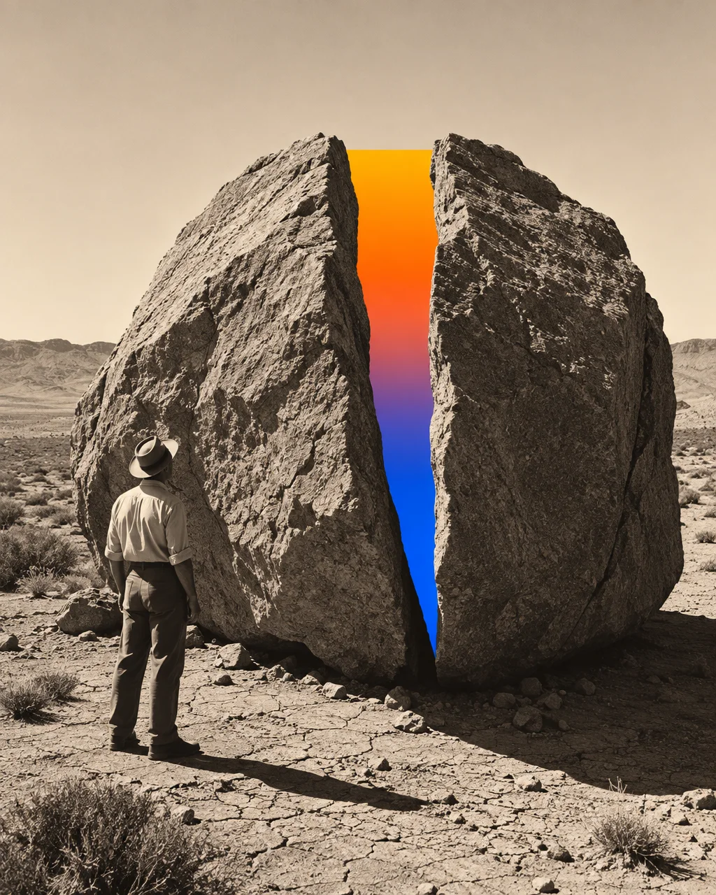 A man in vintage attire stands in an arid desert facing a massive split boulder filled with a glowing orange and blue gradient.