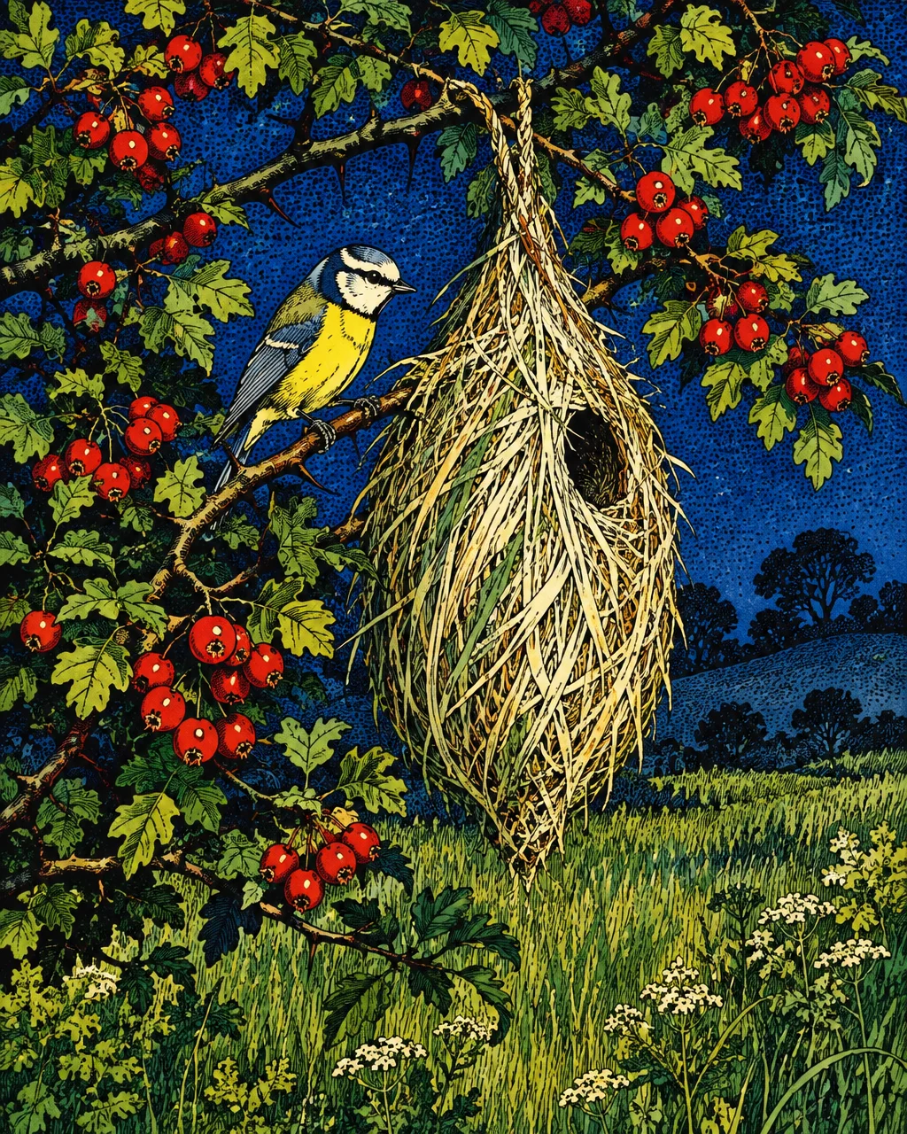 A detailed vintage illustration of a blue tit perched beside an intricate woven nest on a berry-laden branch against a deep blue sky.