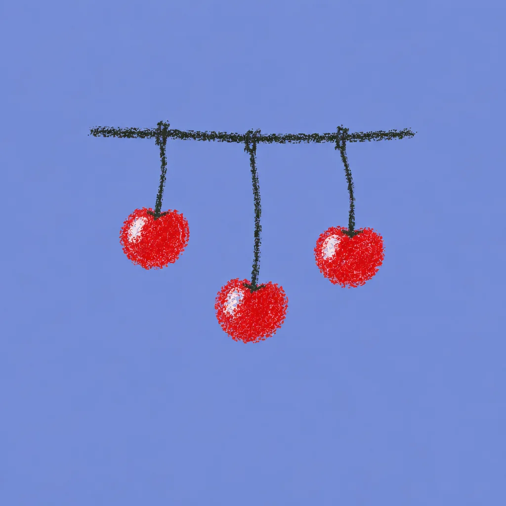 A textured crayon illustration of three bright red cherries hanging from a thin black line over a periwinkle blue backdrop.