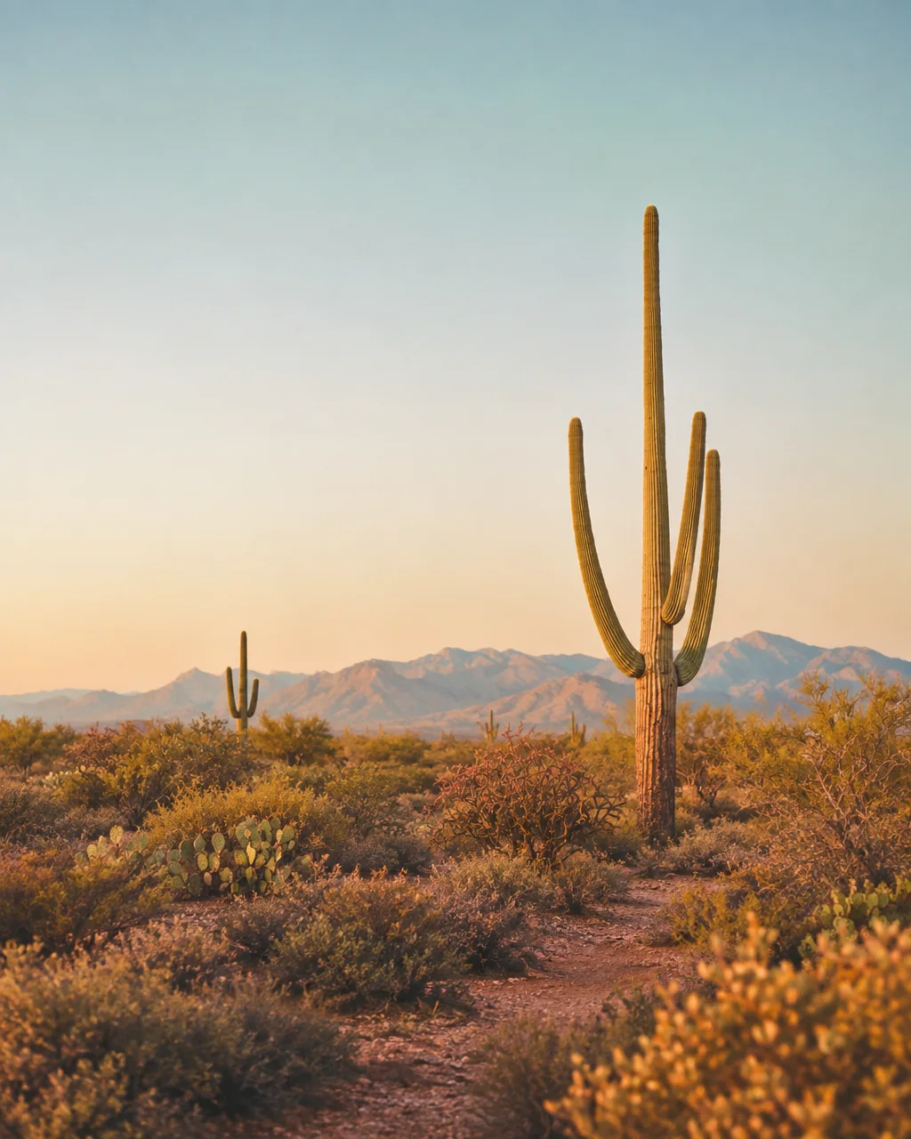A tall saguaro cactus stands among arid desert brush against a backdrop of distant mountains in soft warm light.