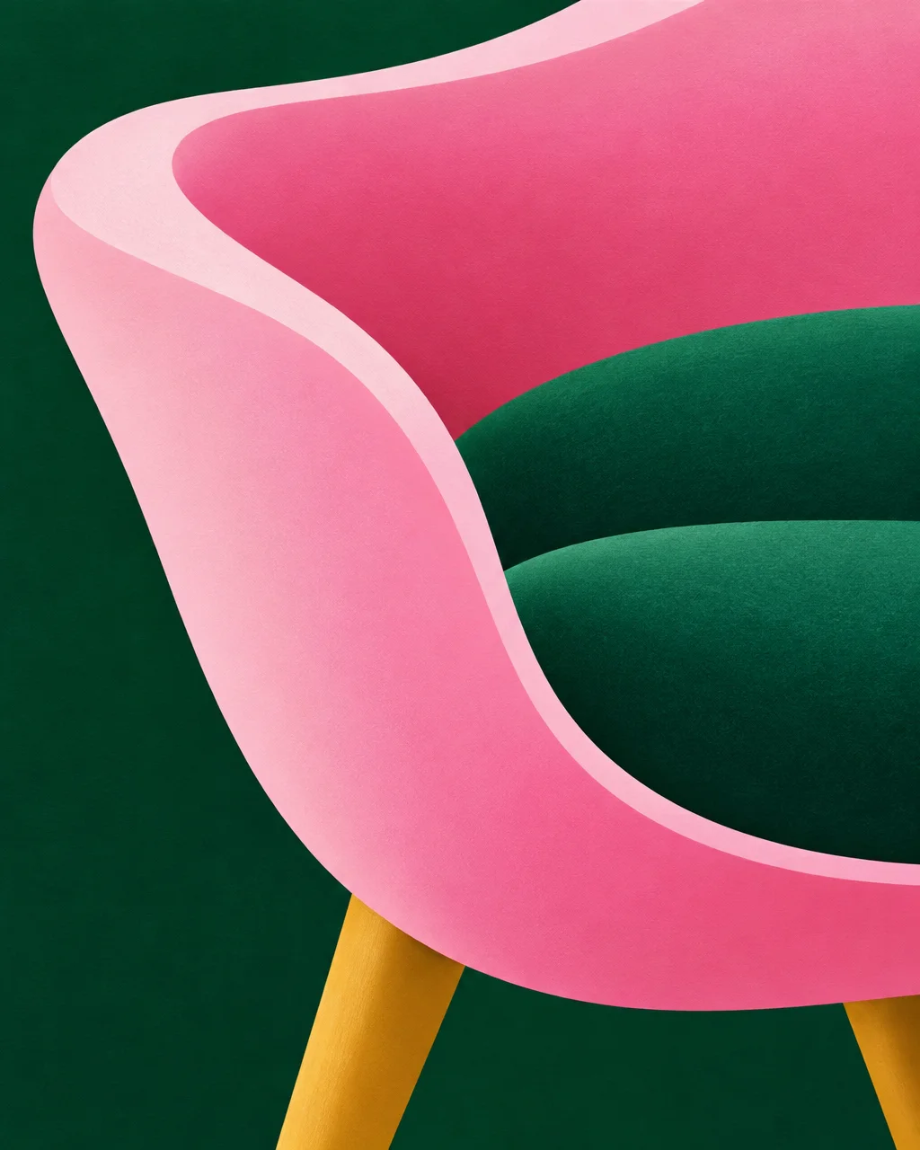 A minimalist modern armchair with a sculpted pink frame and deep green velvet cushions set against a dark green studio backdrop.
